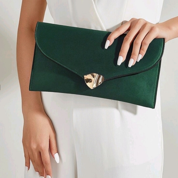 Handbags - Elegant Forest Green And Velvet-like Material Clutch with Gold Accent
